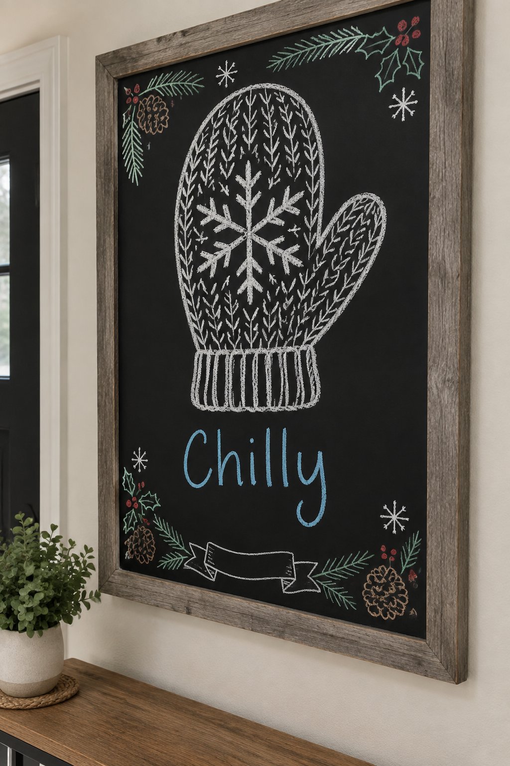 One Cozy Mitten: a framed December chalkboard sign reading "Chilly", hand-drawn in chalk with one large knitted mitten with a snowflake pattern, bigger than the word.