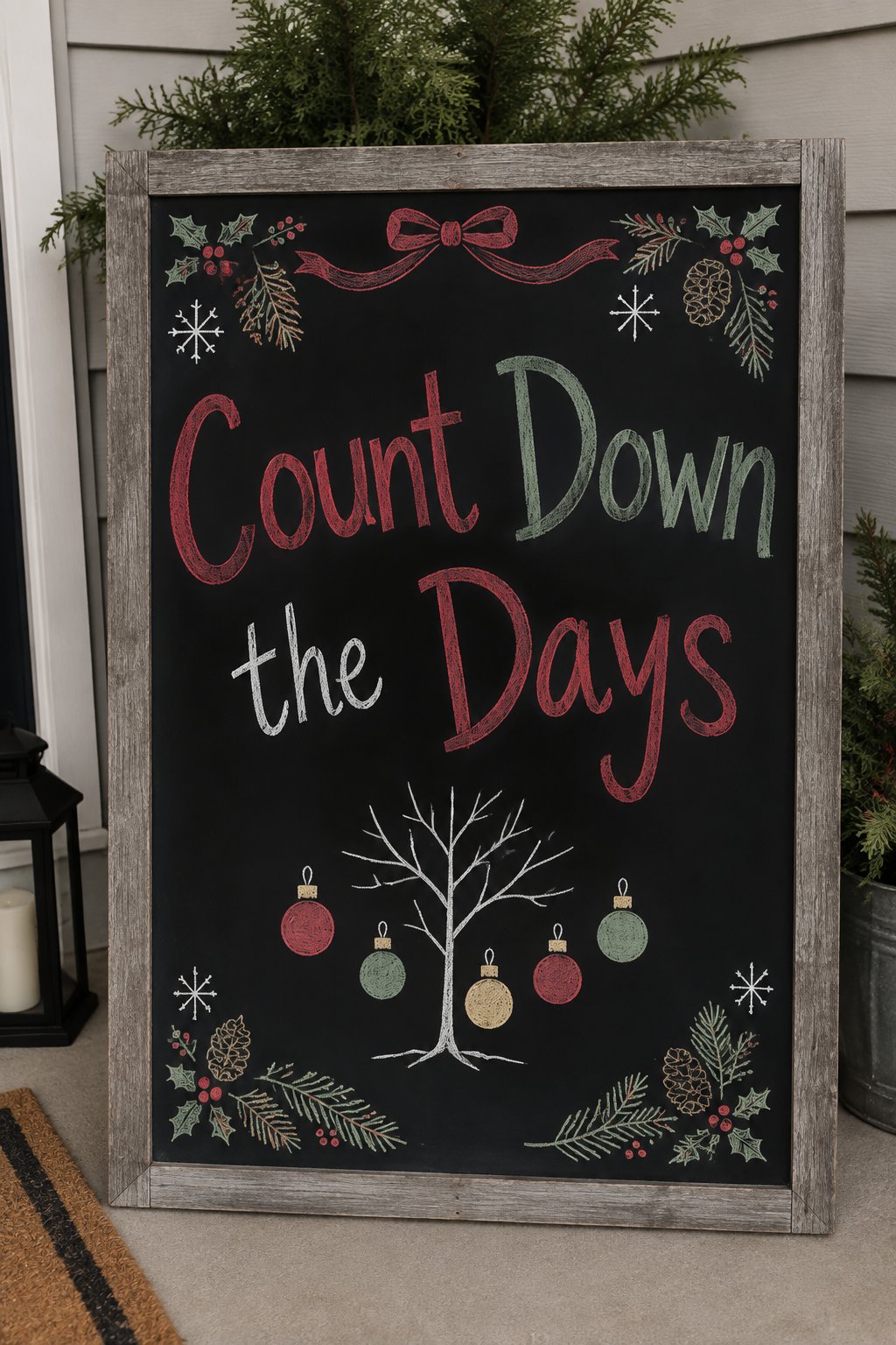 Ornament Countdown Tree: a framed chalkboard sign showing "Count Down the Days", hand-drawn in white, deep red, sage green and gold chalk, with a small bare tree with five ornaments drawn beside it, o