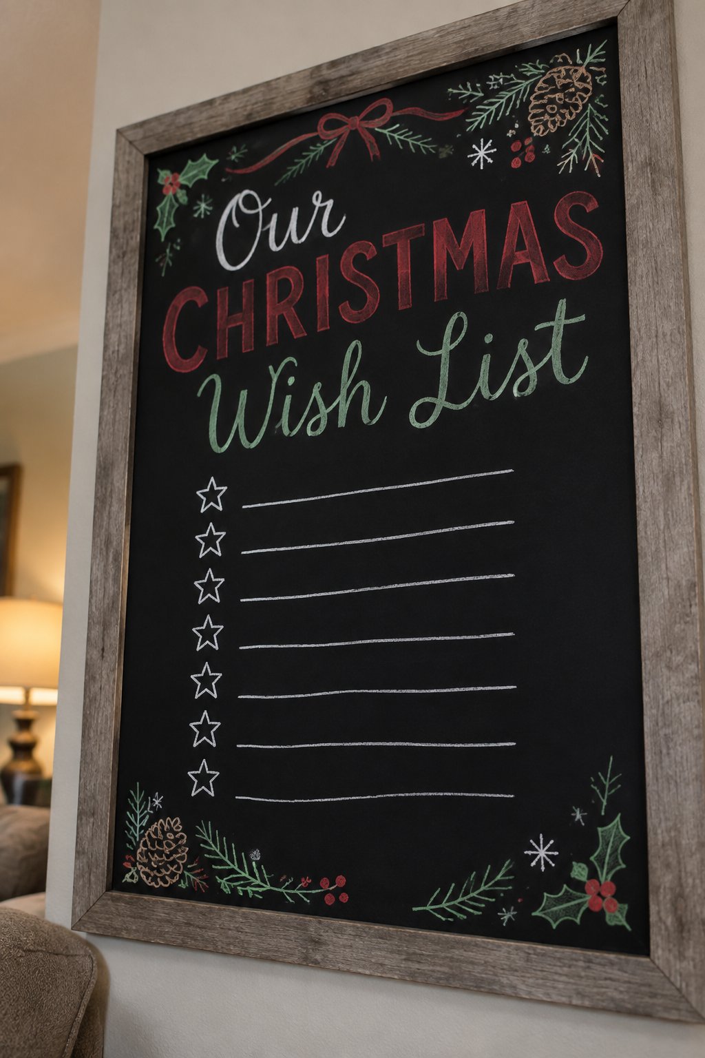 Our Wish List: a framed Christmas chalkboard sign reading "Our Christmas Wish List", hand-drawn in chalk with a list with star-shaped checkboxes.