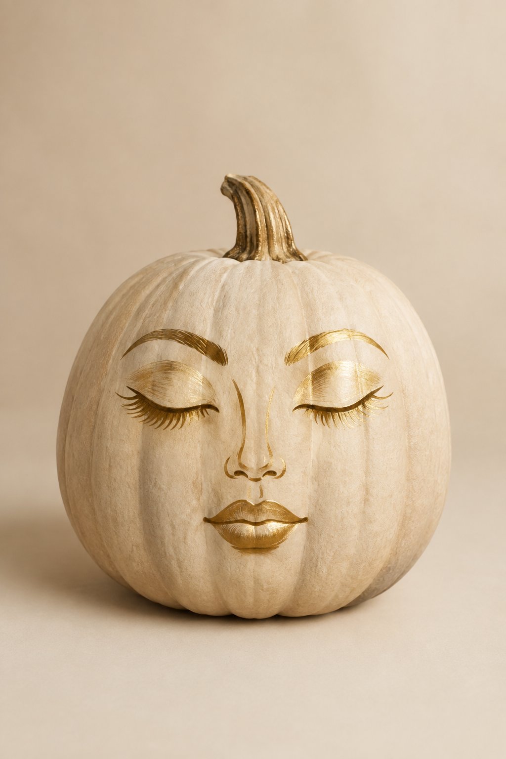 Gold Glam Face on a Neutral Pumpkin - painted pumpkin faces