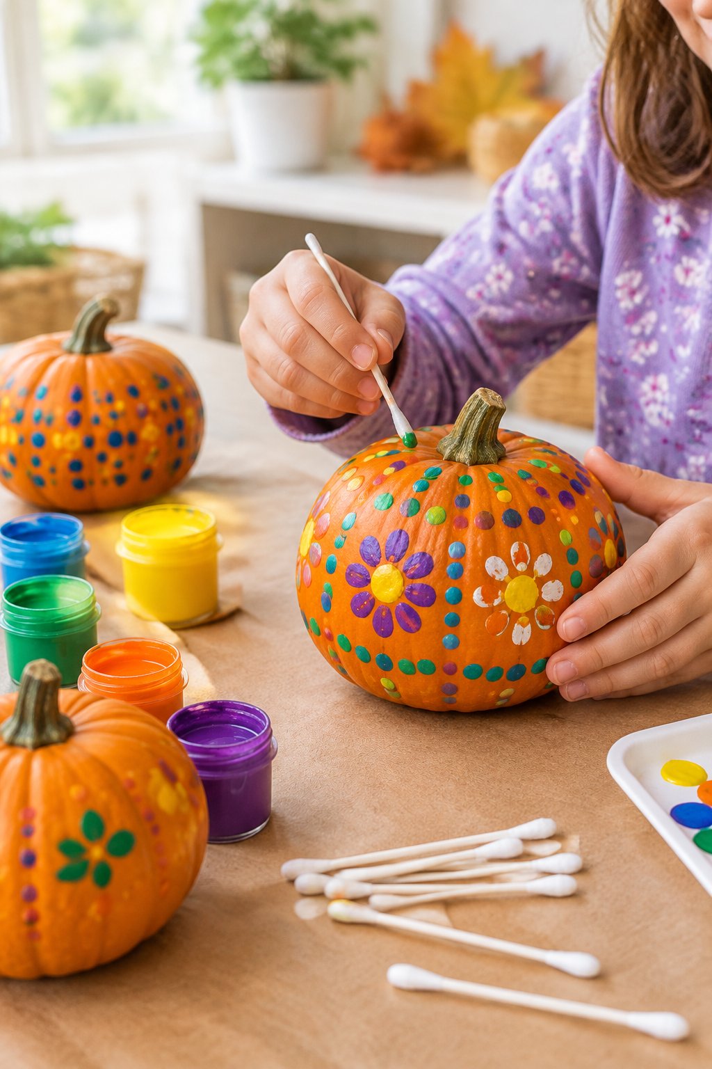 Q-Tip Dot Art - painted pumpkin ideas for kids