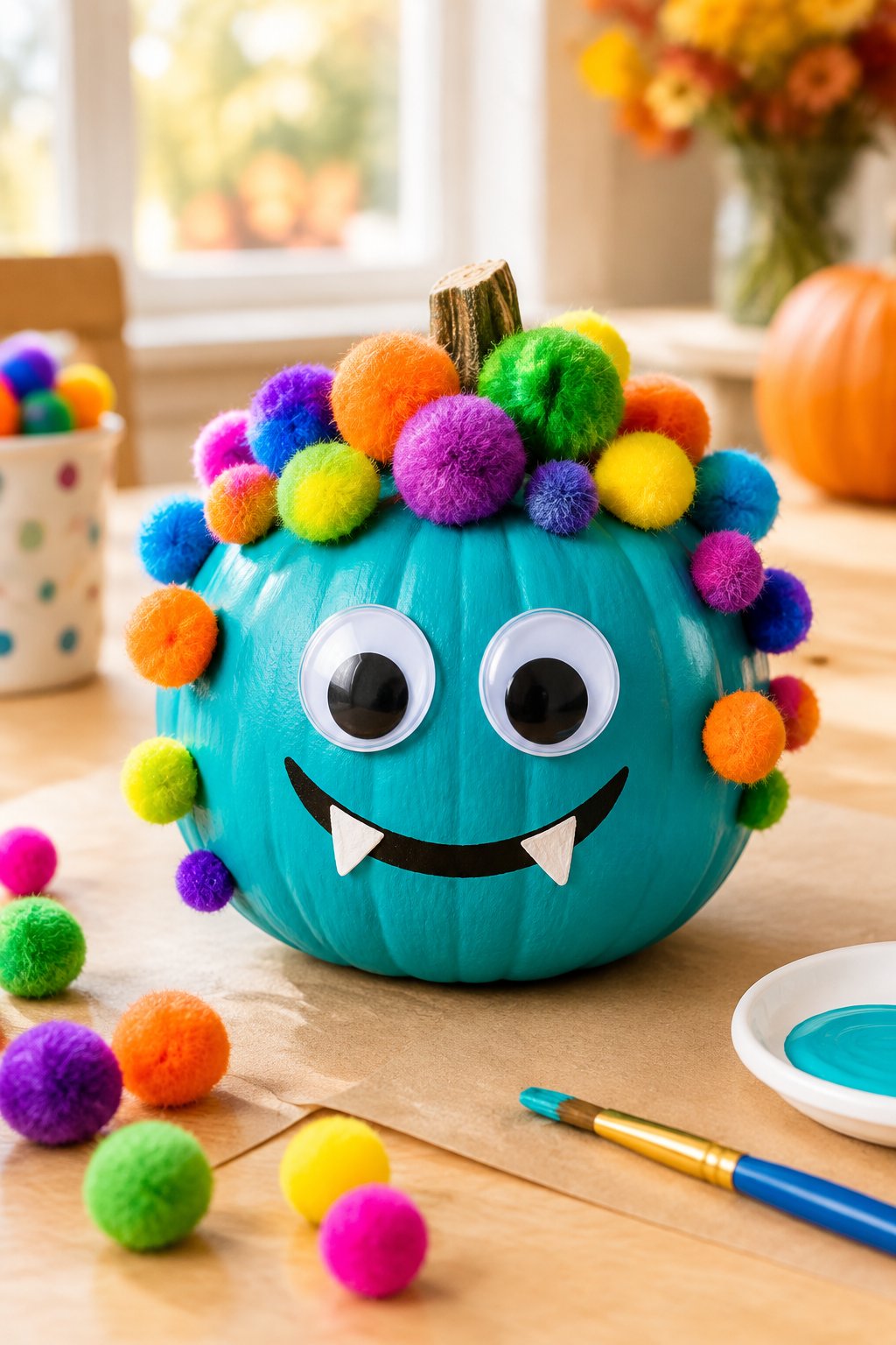 Pom-Pom Monster - painted pumpkin ideas for kids