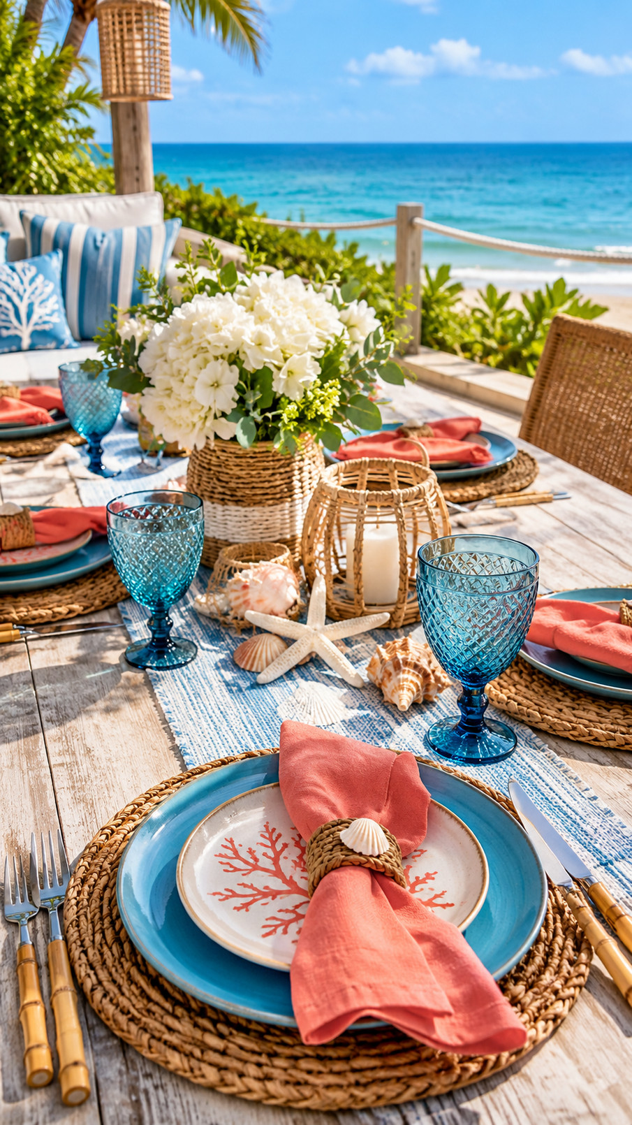 A summer beach tablescape featuring palm leaf chargers beneath white plates, coral accents, and chilled drinks.