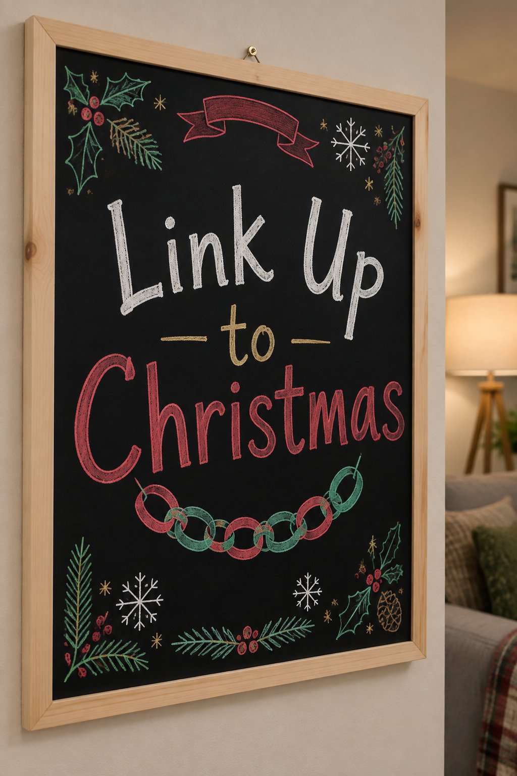 Paper Chain Countdown Board: a framed chalkboard sign showing "Link Up to Christmas", hand-drawn in white, deep red, sage green and gold chalk, with a short paper-chain doodle of six looped links hang