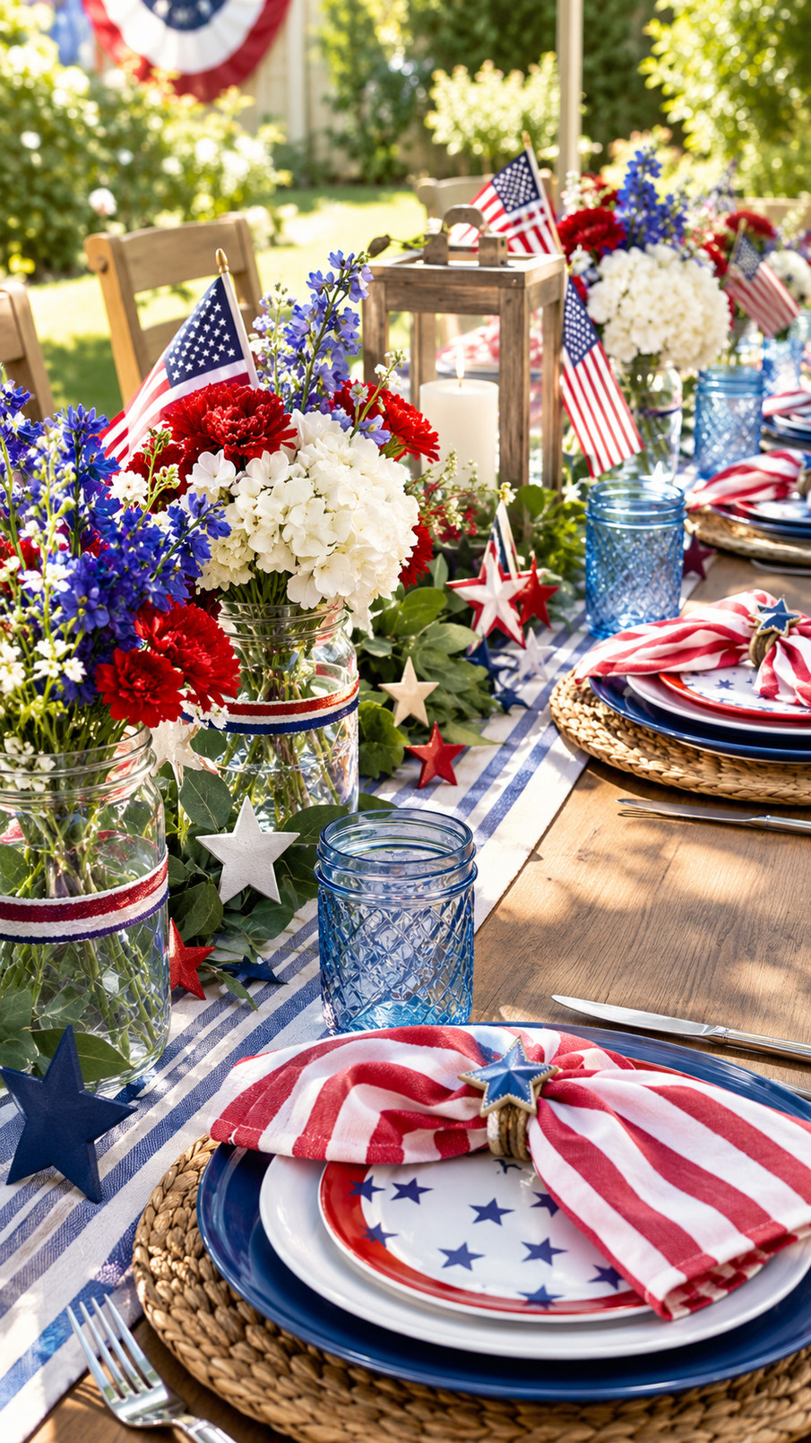Red, white, and blue charger plates arranged beneath patriotic dinnerware on a festive Fourth of July tablescape.