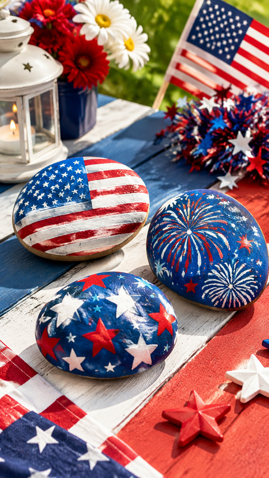 A painted rock featuring a red, white, and blue popsicle design with frosty stripes and a wooden stick detail for a patriotic 4th of July craft.