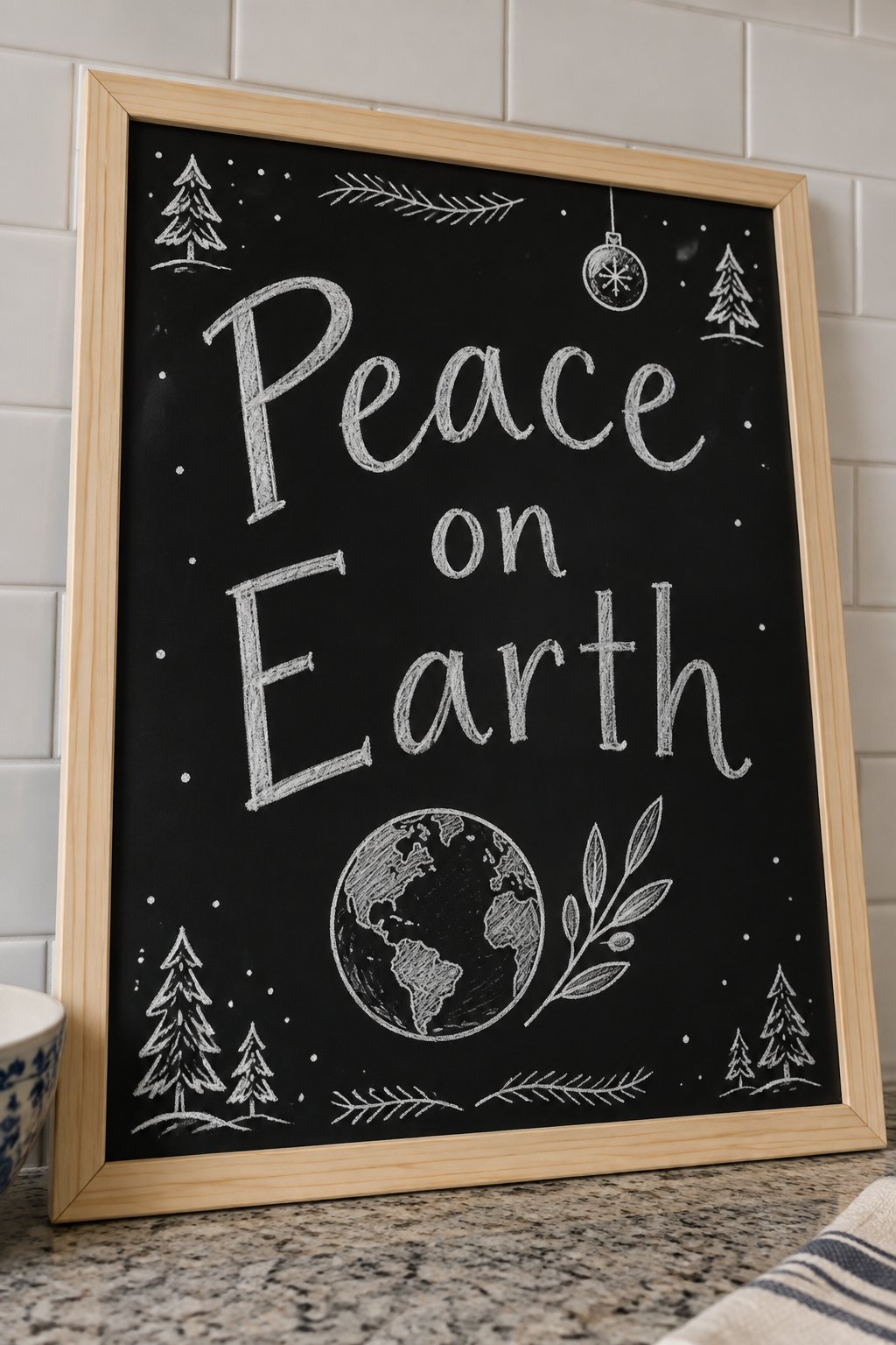 Peace on Earth: a framed chalkboard sign reading "Peace on Earth", hand-drawn in chalk with a simple globe with a sprig of olive beside it.