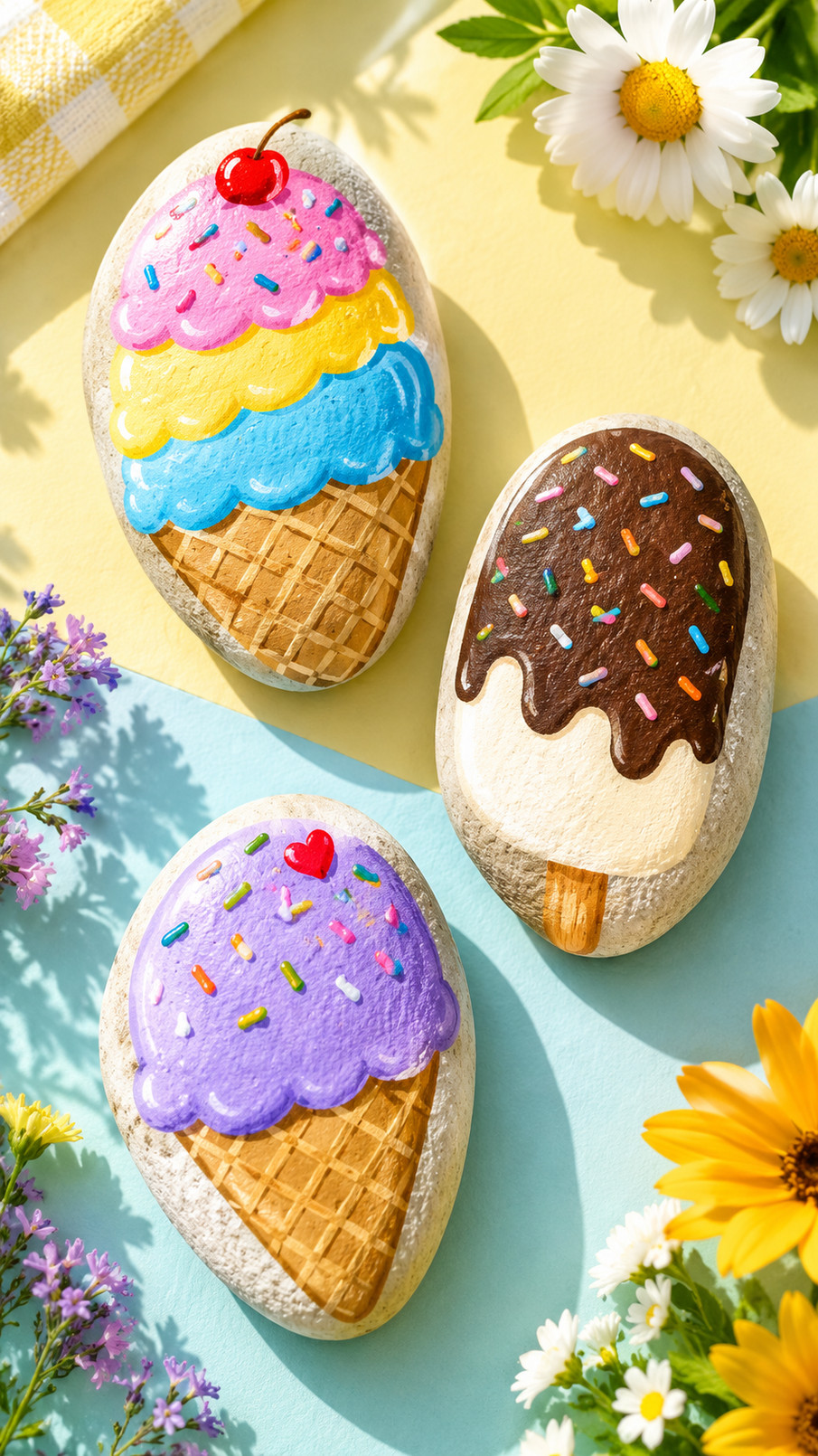 A peach and yellow painted ice cream rock with swirled scoops and a tiny red cherry on top.