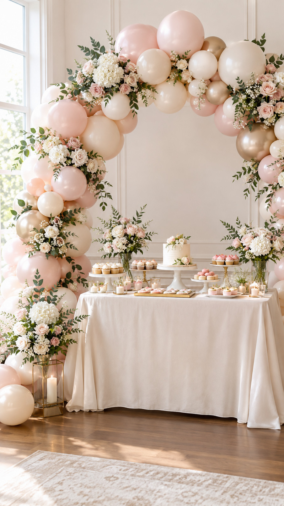 Blush and champagne bridal shower balloon garland with pearly accents arranged as an elegant photo backdrop.