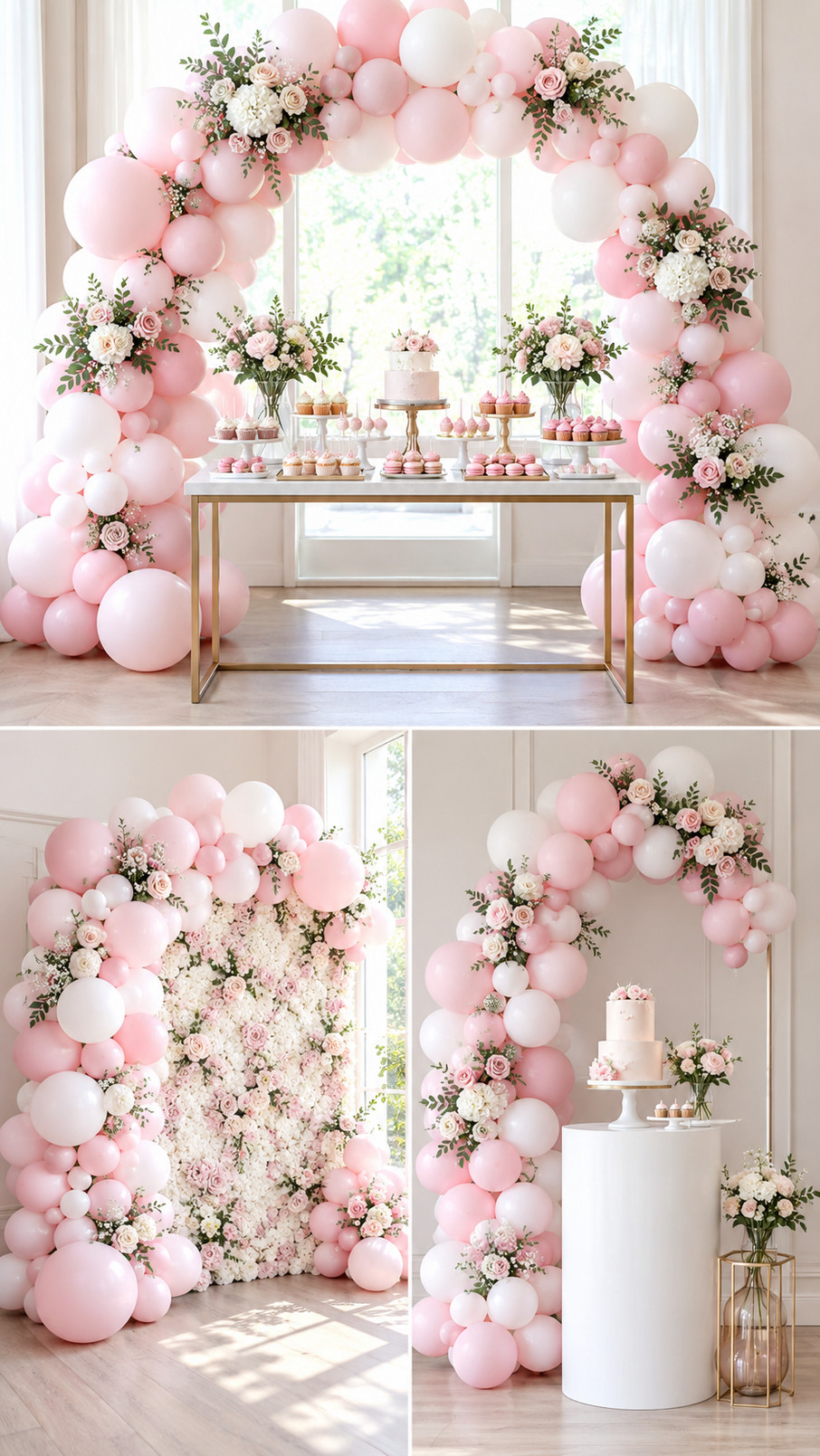 A pink and white balloon arch decorated with glossy pearl white balloons for an elegant party backdrop.