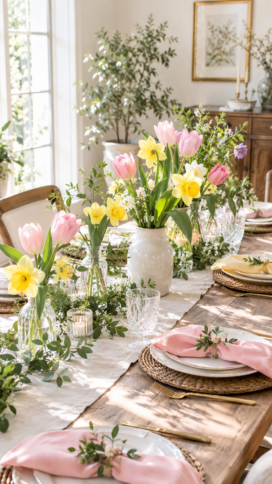 Peony place card holders with pink floral details displayed beside plates on a spring tablescape.