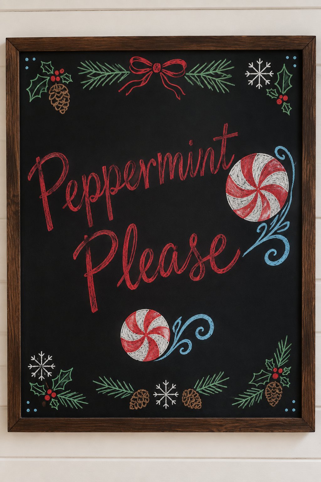 Peppermint Bark Table: a framed December chalkboard sign reading "Peppermint Please", hand-drawn in chalk with two striped peppermint candies with a curl of drizzle beside them.