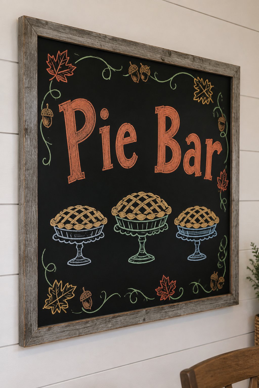 Pie Bar Sign: a framed Thanksgiving chalkboard sign reading "Pie Bar", hand-drawn in chalk with three pies with lattice tops on cake stands.