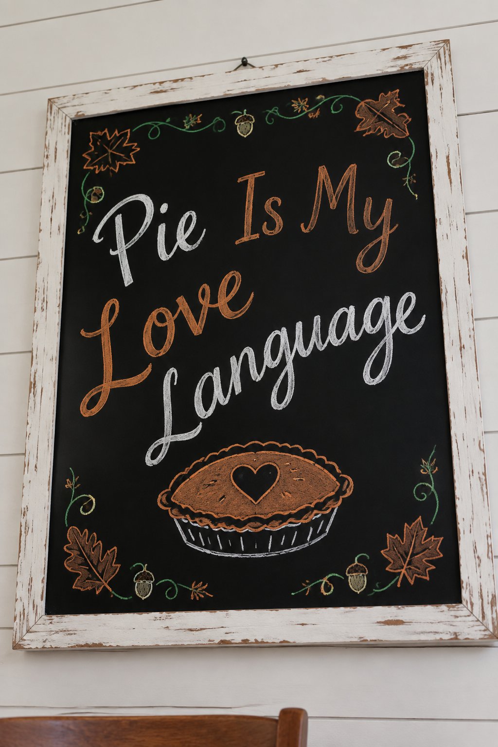 Pie Is My Love Language: a framed Thanksgiving chalkboard sign reading "Pie Is My Love Language", hand-drawn in chalk with a pie with a heart cut into the crust.