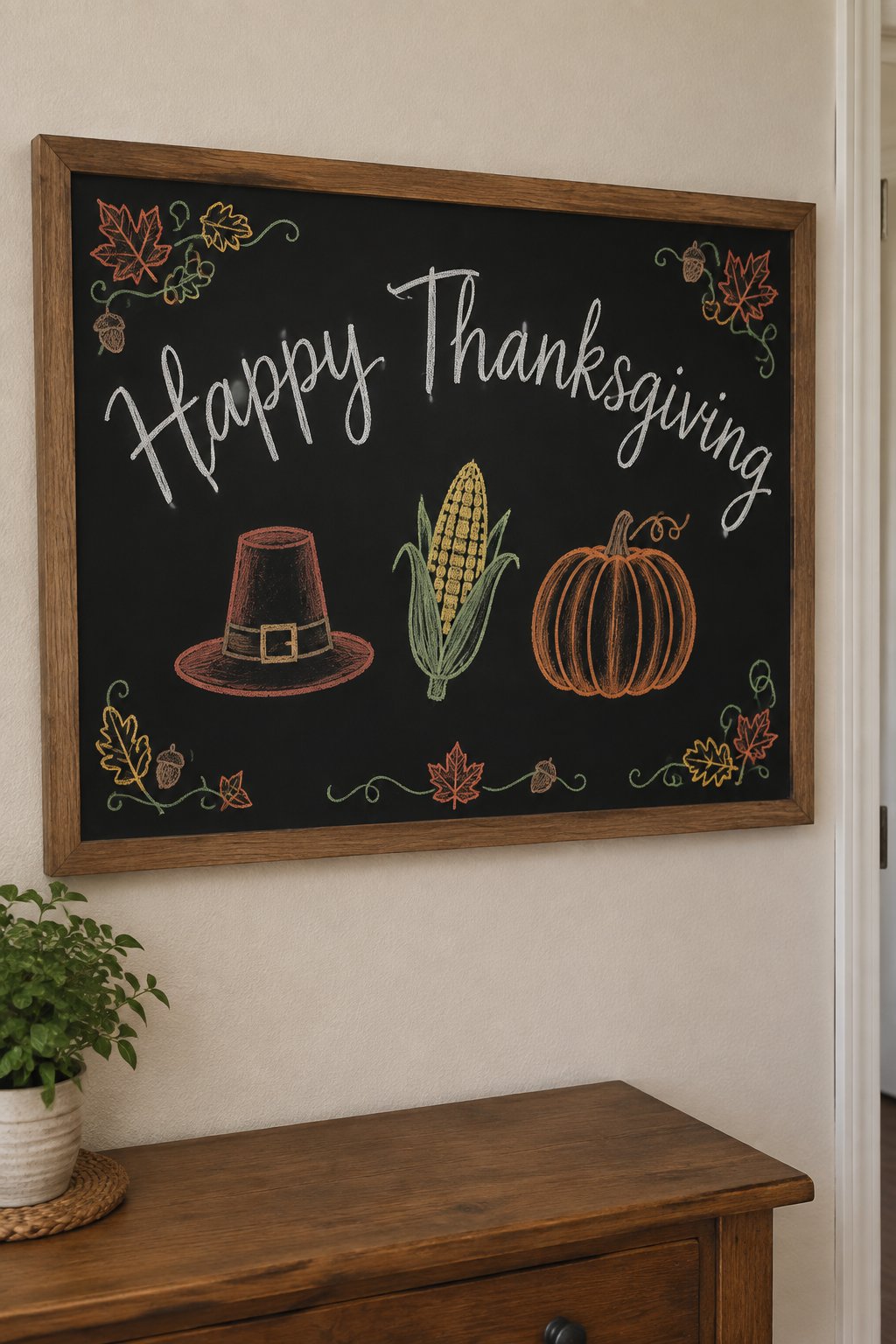 Pilgrim Hat Doodles: a framed Thanksgiving chalkboard sign reading "Happy Thanksgiving", hand-drawn in chalk with a pilgrim hat, an ear of corn and a pumpkin in a row.