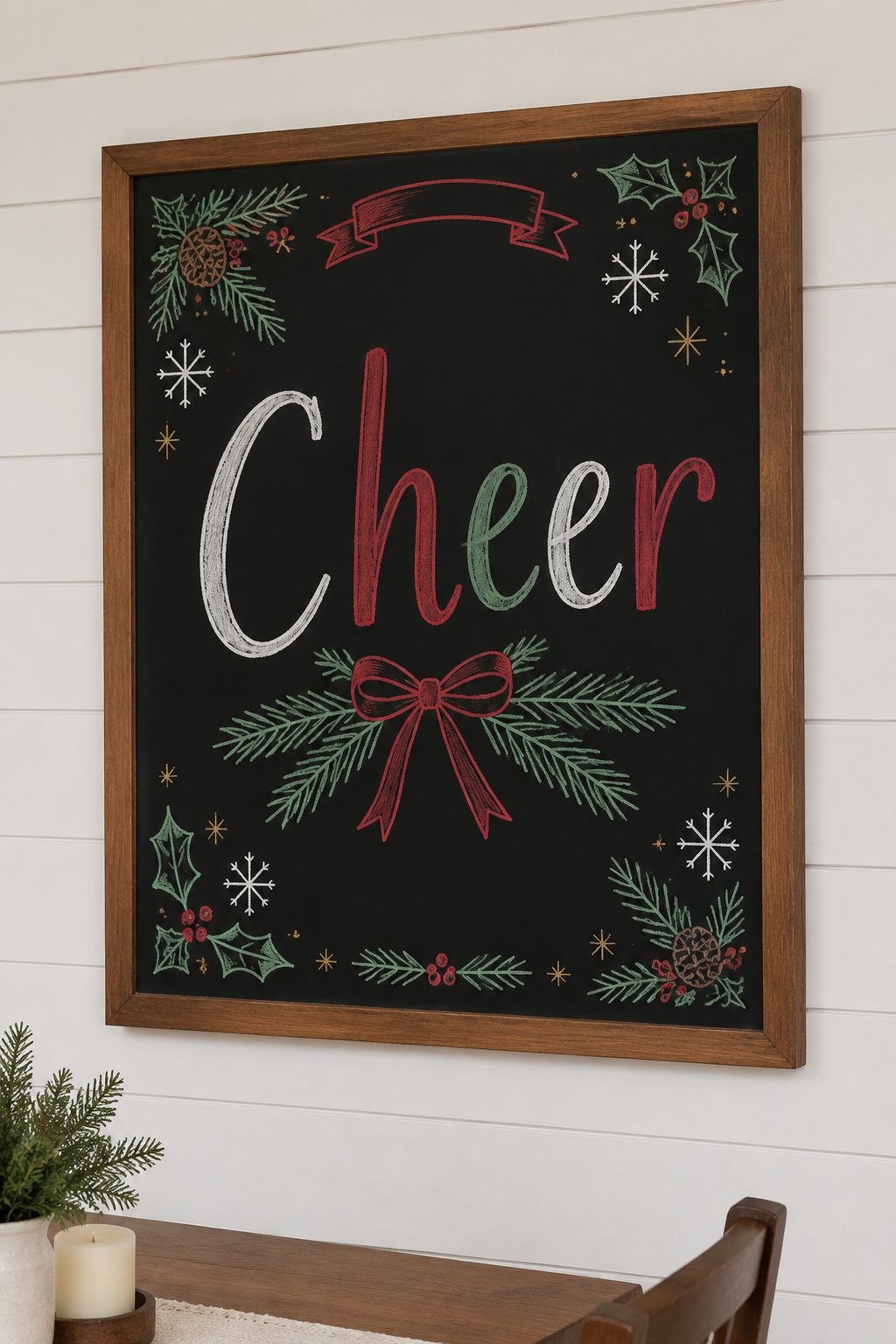 Pine Bough Trio: a framed chalkboard sign showing "Cheer", hand-drawn in white, deep red, sage green and gold chalk, with three pine bough sprigs tied with a red ribbon, drawn beneath the word.