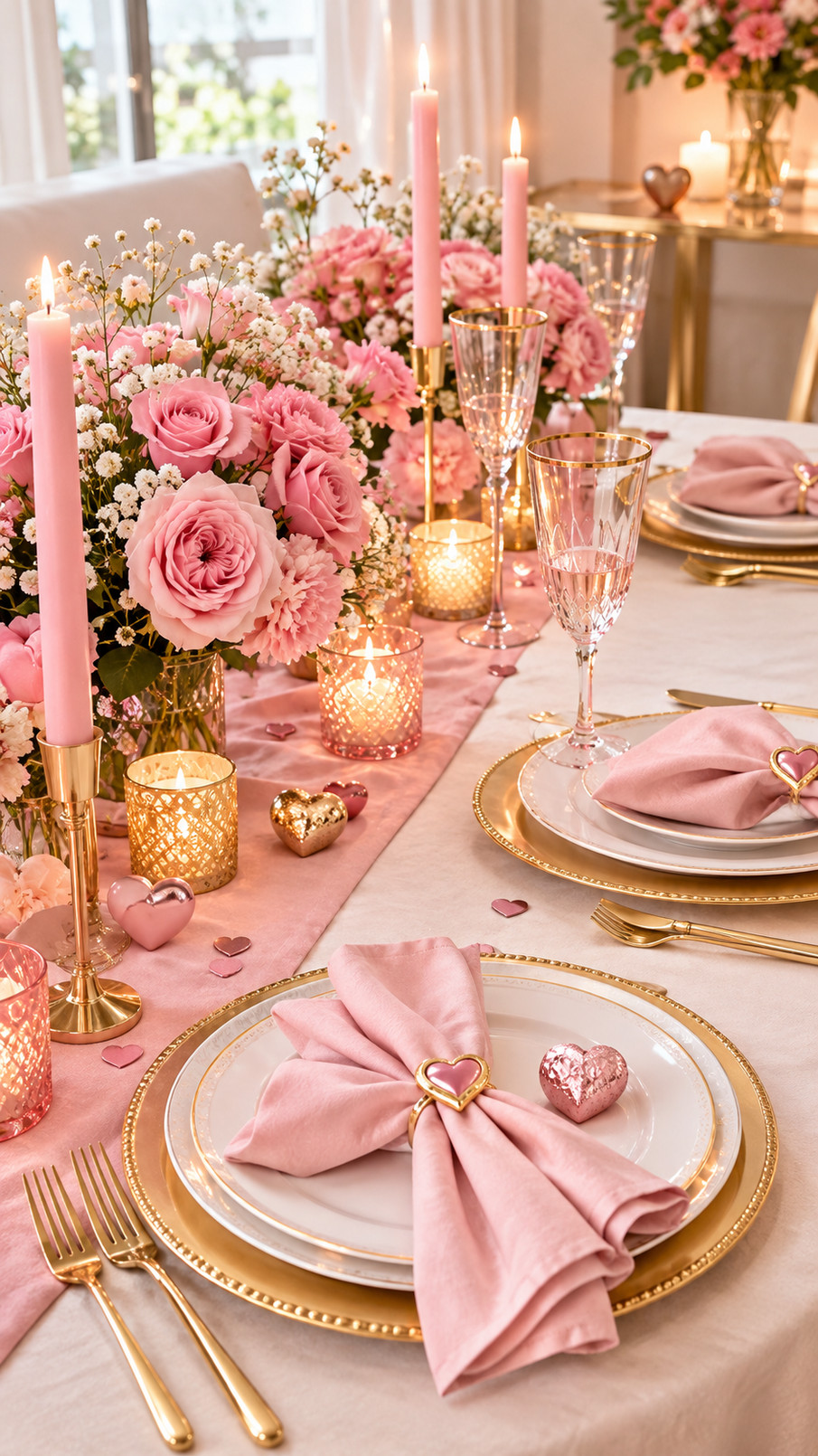 Pink marble chargers with gold veining arranged beneath romantic Valentine's Day dinner plates on a pink and gold tablescape.