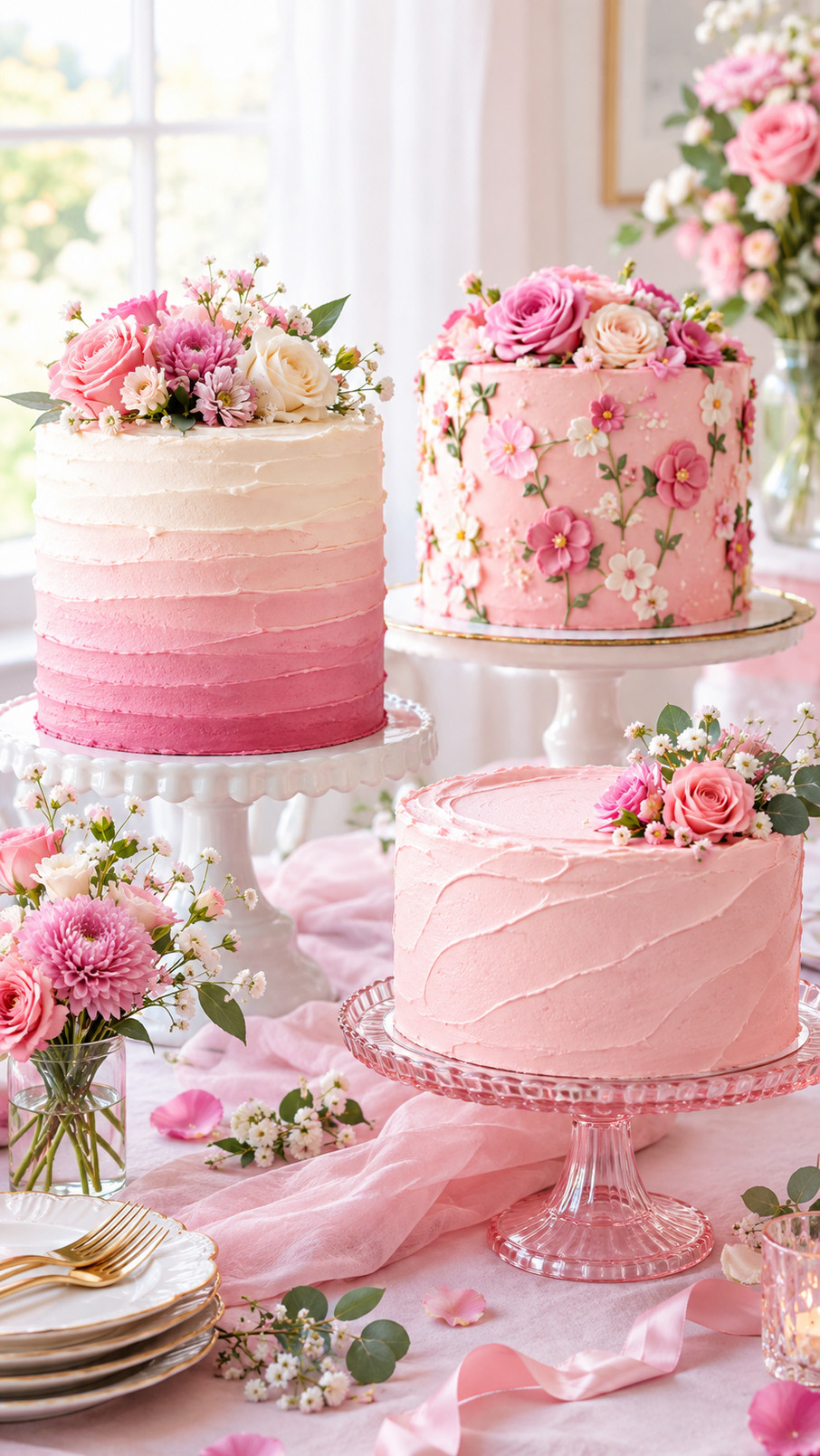 A pink pomegranate cake with blush frosting, vanilla layers, pomegranate seeds, and rosy glaze displayed on a dessert table.