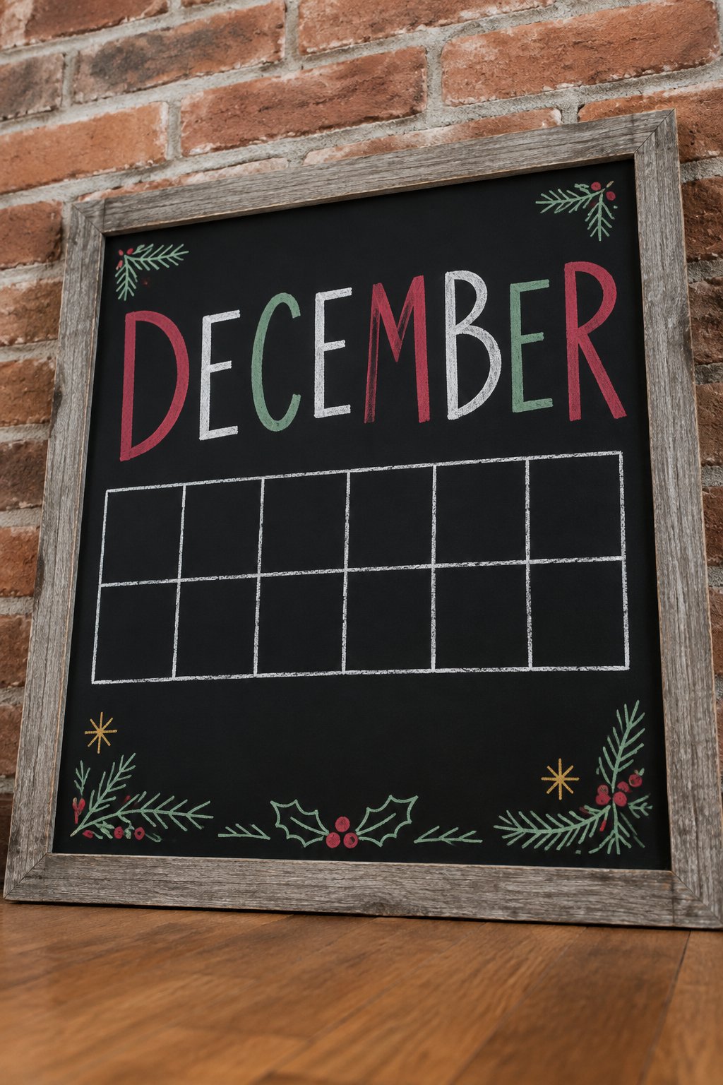 Planner-Style Month Overview: a framed chalkboard sign showing "DECEMBER", hand-drawn in white, deep red, sage green and gold chalk, with a few small pine sprigs and holly berries along the bottom edg