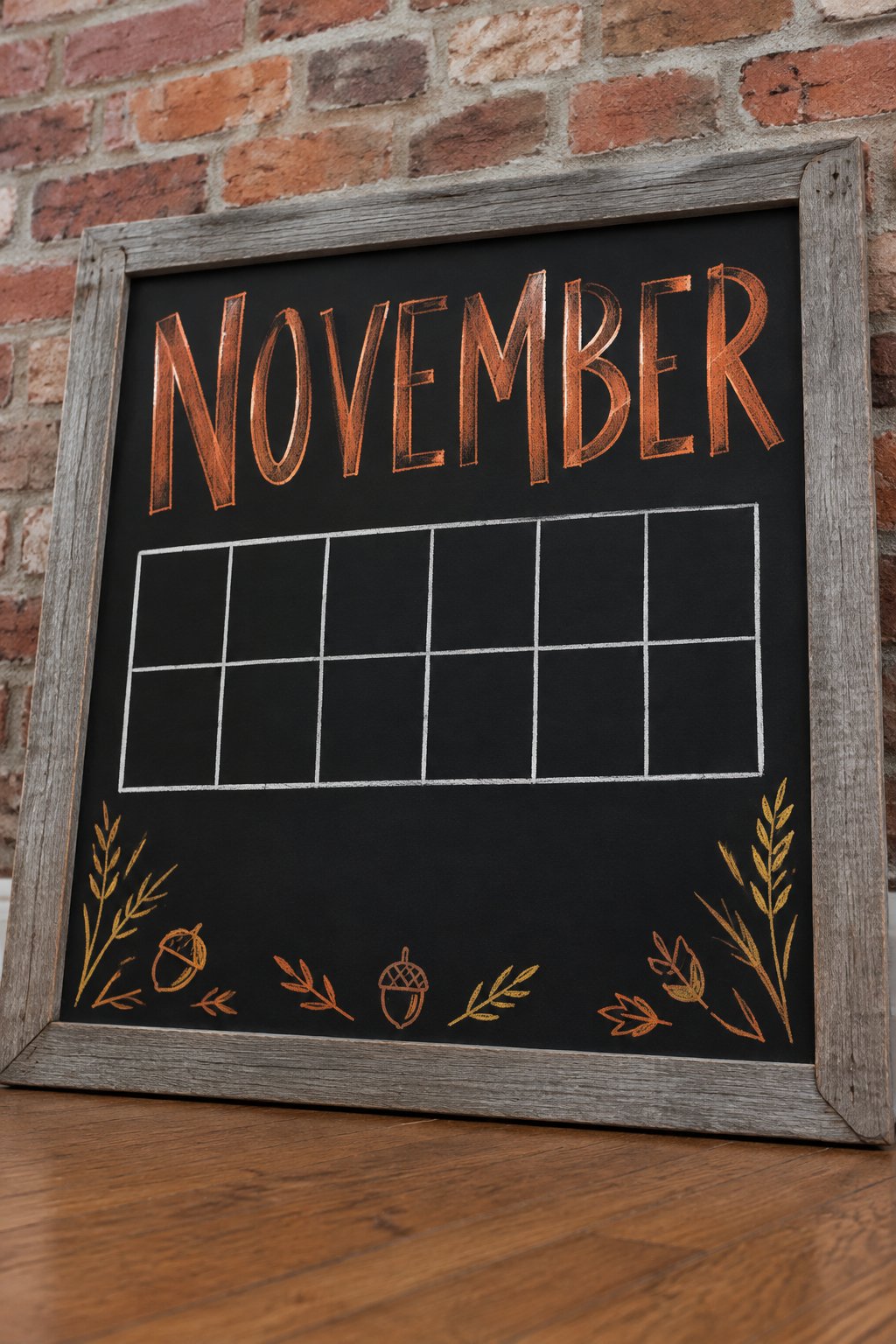 Planner-Style Month Overview: a framed chalkboard sign showing "NOVEMBER", hand-drawn in fall chalk colors, with a few small wheat and acorn doodles along the bottom edge.