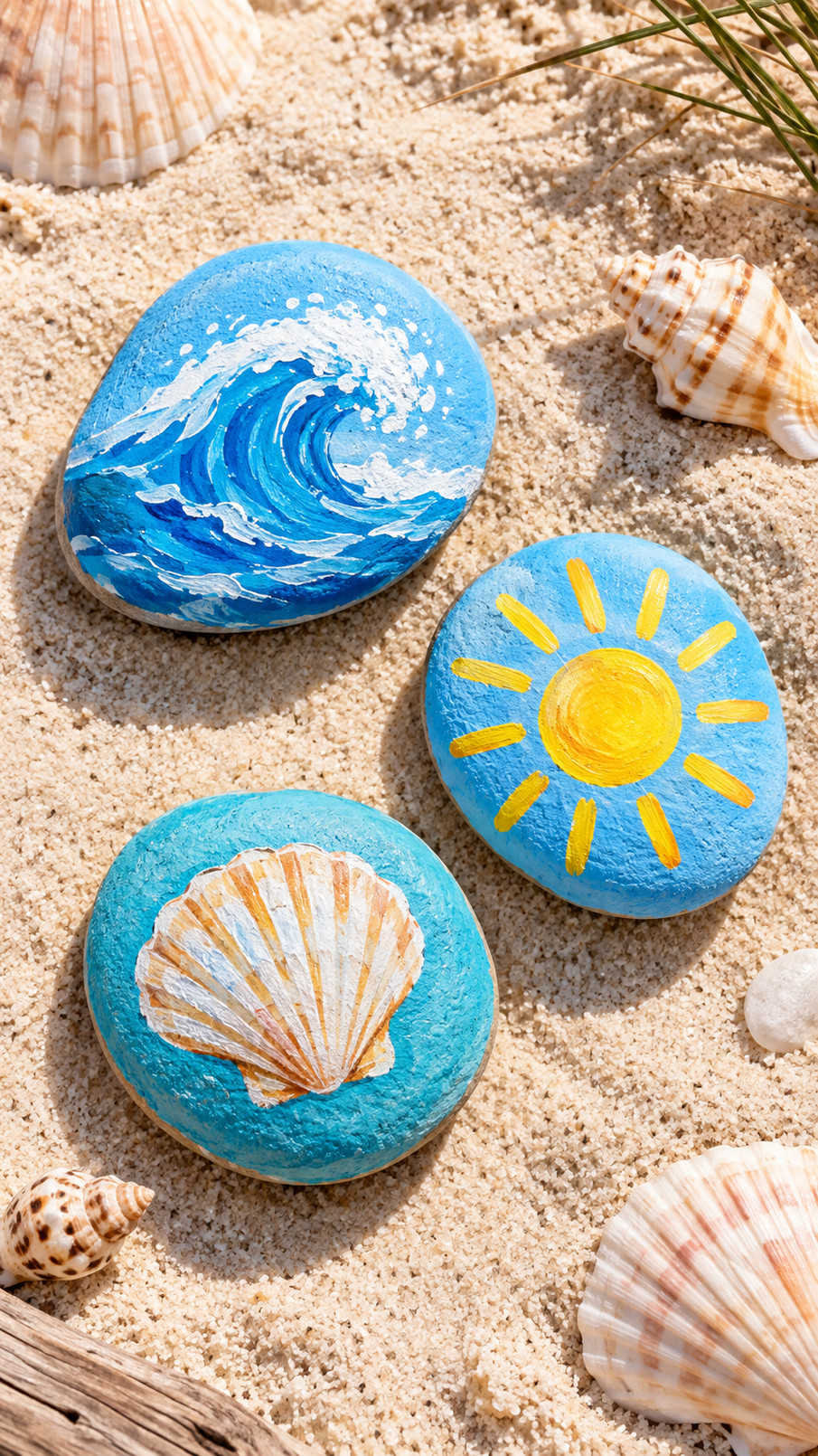 A painted beach rock featuring a cheerful red crab with blue claws, sandy colors, soft wave lines, and small seashell details.