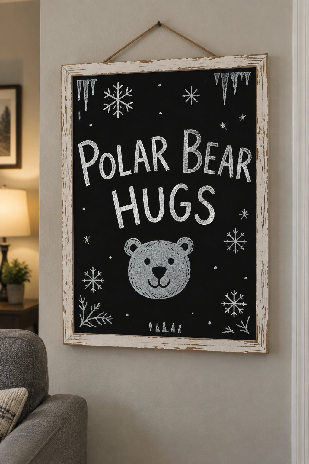 Polar Bear Hello Sign: a framed winter chalkboard sign reading "Polar Bear Hugs", hand-drawn in chalk with one friendly polar bear face with small round ears.