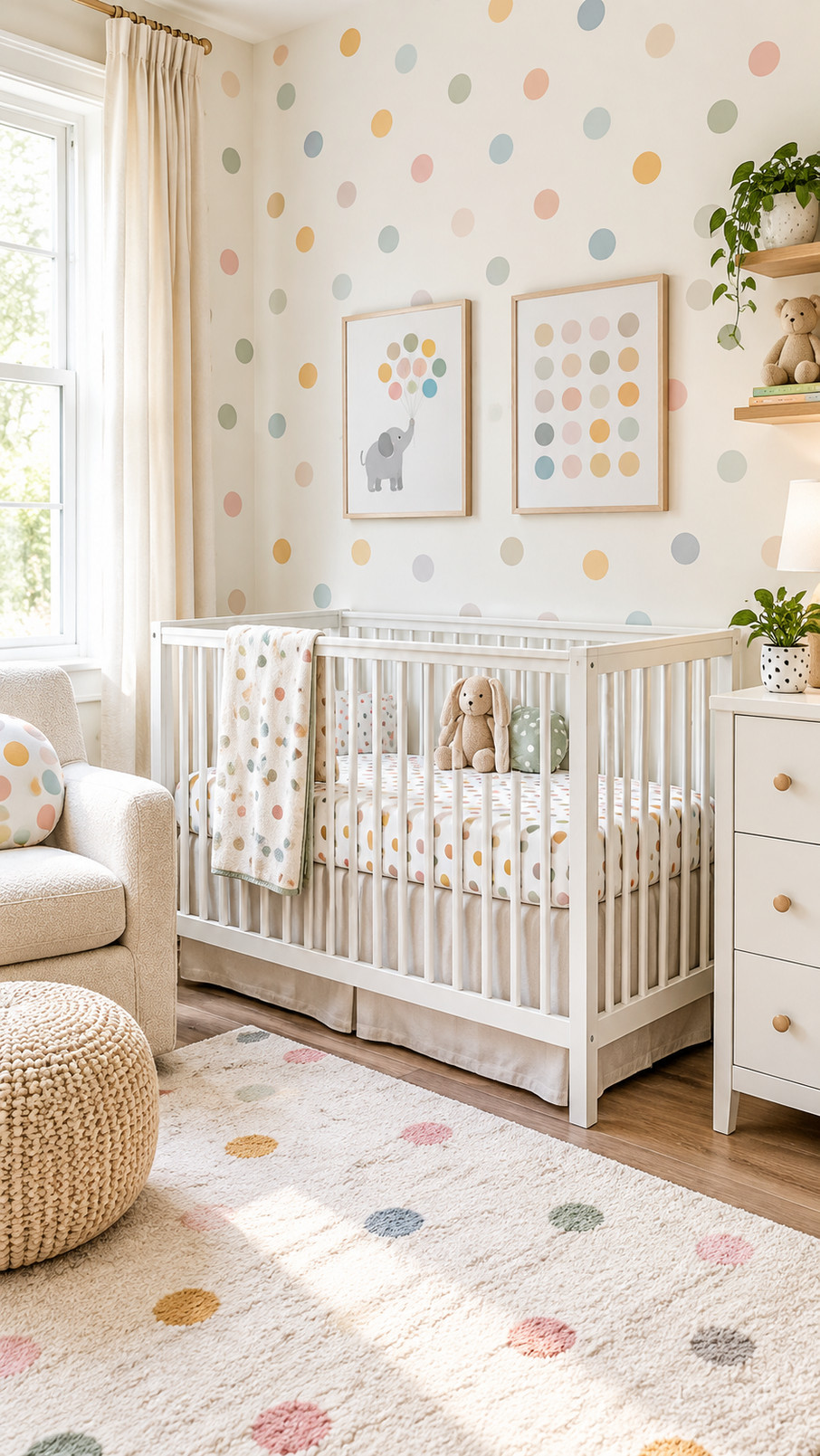 A colorful polka dot nursery mobile with pastel felt circles hangs above a crib in a cheerful baby room.