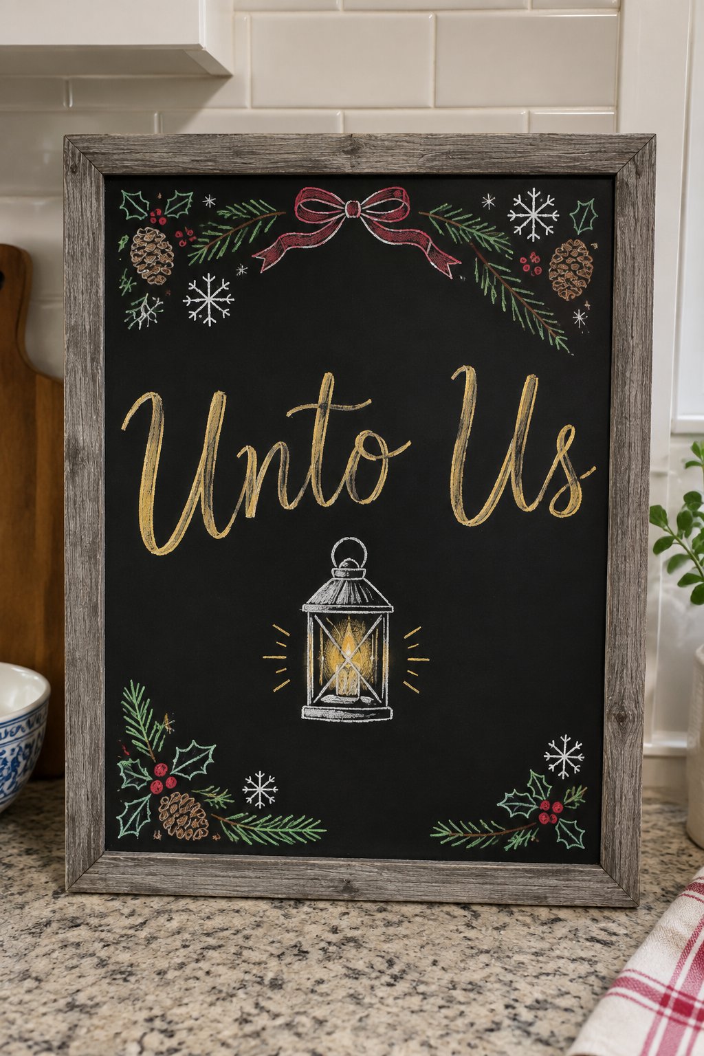 Prophecy Fulfilled: a framed December chalkboard sign reading "Unto Us", hand-drawn in chalk with a single lantern glowing softly, sitting alone.