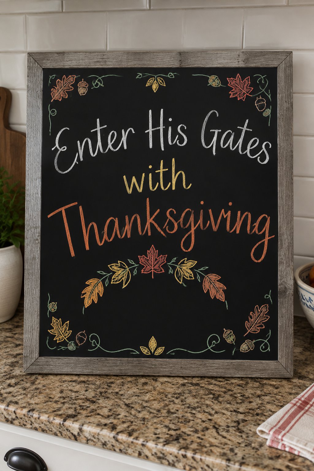 Psalm 100 Board: a framed Thanksgiving chalkboard sign reading "Enter His Gates with Thanksgiving", hand-drawn in chalk with an arch of autumn leaves over the words.