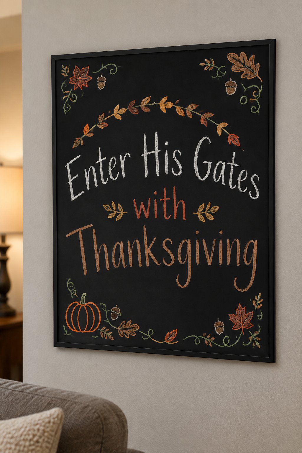 Psalm 100 Gratitude: a framed chalkboard sign showing "Enter His Gates with Thanksgiving", hand-drawn in fall chalk colors, with an arch of small autumn leaves framing the top of the words.
