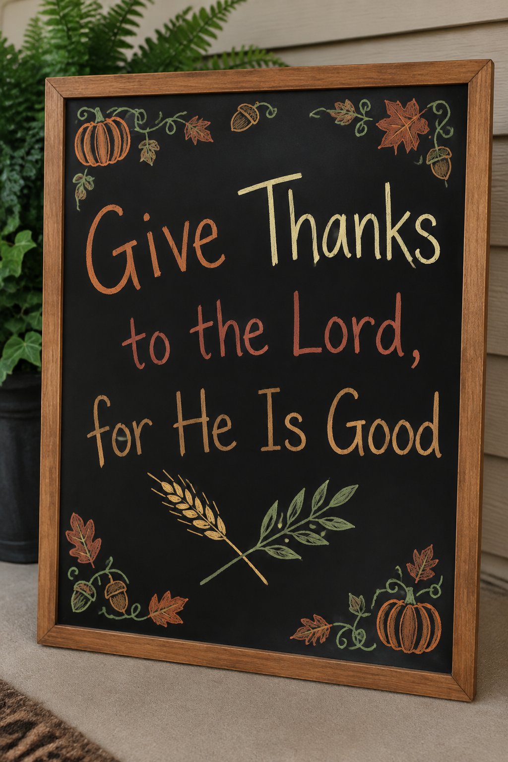 Psalm 107 Board: a framed chalkboard sign showing "Give Thanks to the Lord, for He Is Good", hand-drawn in fall chalk colors, with a sprig of wheat and an olive branch crossed beneath the words.
