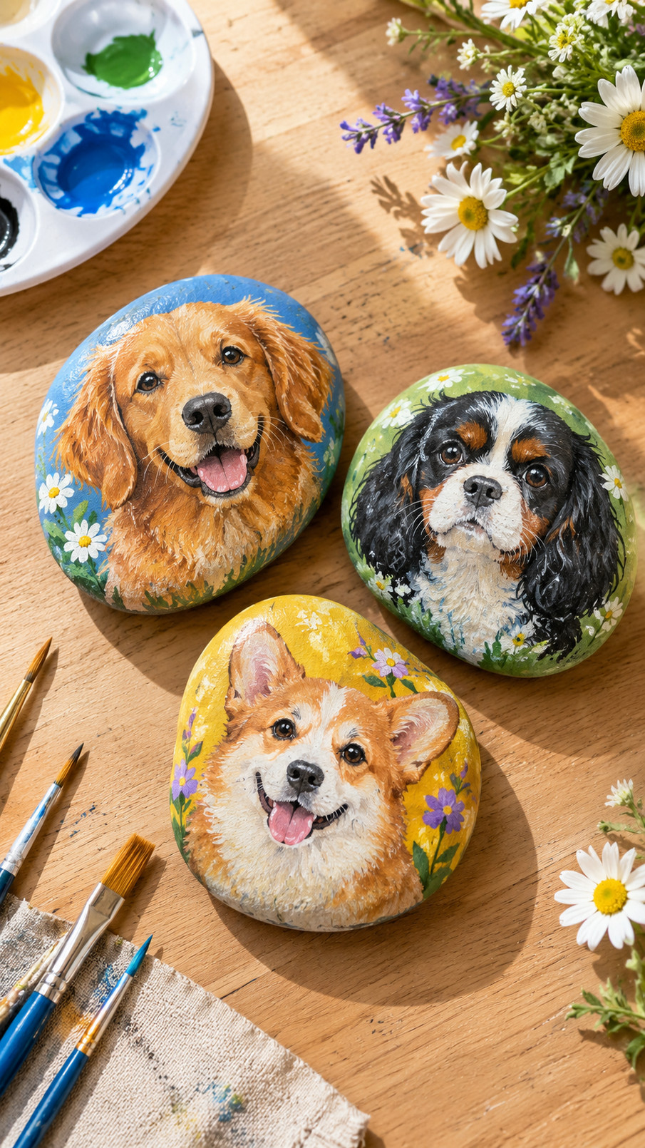 A hand-painted Pug rock featuring a fawn-colored face, black muzzle, round eyes, and wrinkled forehead on a rosy background.