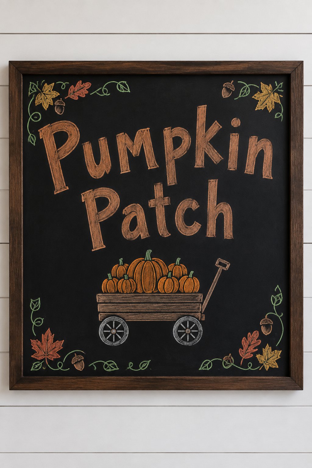 Pumpkin in a Wagon: a framed fall chalkboard sign reading "Pumpkin Patch", hand-drawn in chalk with a small wooden wagon overflowing with round pumpkins.