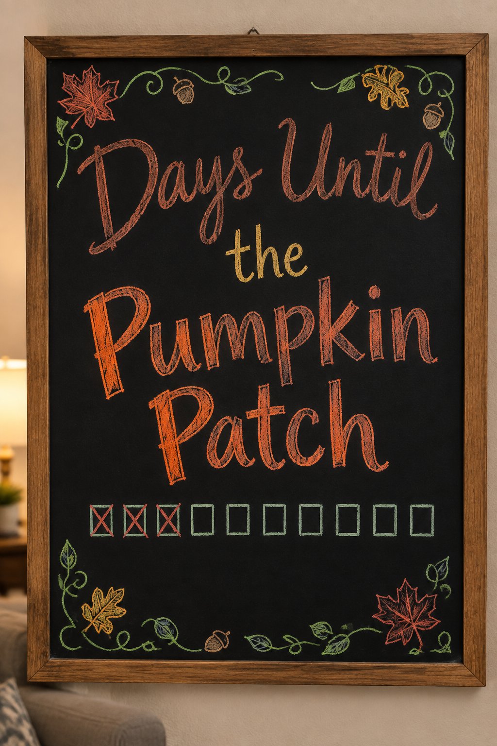 Pumpkin Patch Countdown: a framed fall chalkboard sign reading "Days Until the Pumpkin Patch", hand-drawn in chalk with a row of ten small squares, three crossed off.