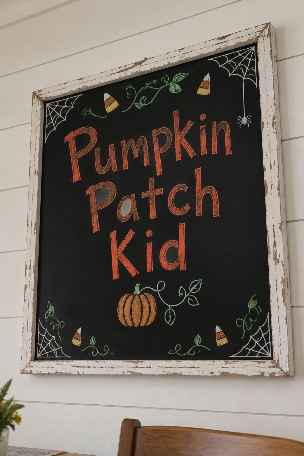 Pumpkin Patch Kid: a framed Halloween chalkboard sign reading "Pumpkin Patch Kid", hand-drawn in chalk with a small pumpkin with a leafy vine curling beside it.