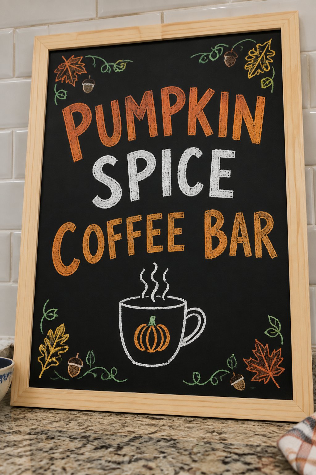 Pumpkin Spice Coffee Bar: a framed Thanksgiving chalkboard sign reading "Pumpkin Spice Coffee Bar", hand-drawn in chalk with a coffee cup with a little pumpkin on the side.