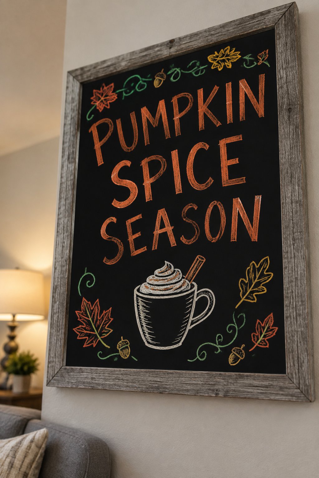 Pumpkin Spice Latte Board: a framed fall chalkboard sign reading "Pumpkin Spice Season", hand-drawn in chalk with a coffee cup with a cinnamon stick and a foam swirl.
