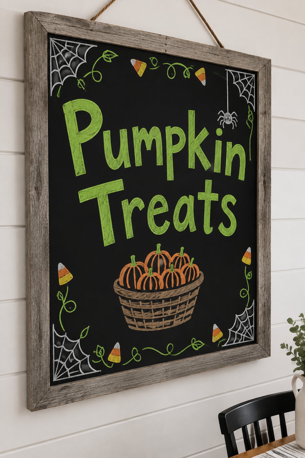 Pumpkin Treat Station: a framed Halloween chalkboard sign reading "Pumpkin Treats", hand-drawn in chalk with a wicker basket filled with small round pumpkins.
