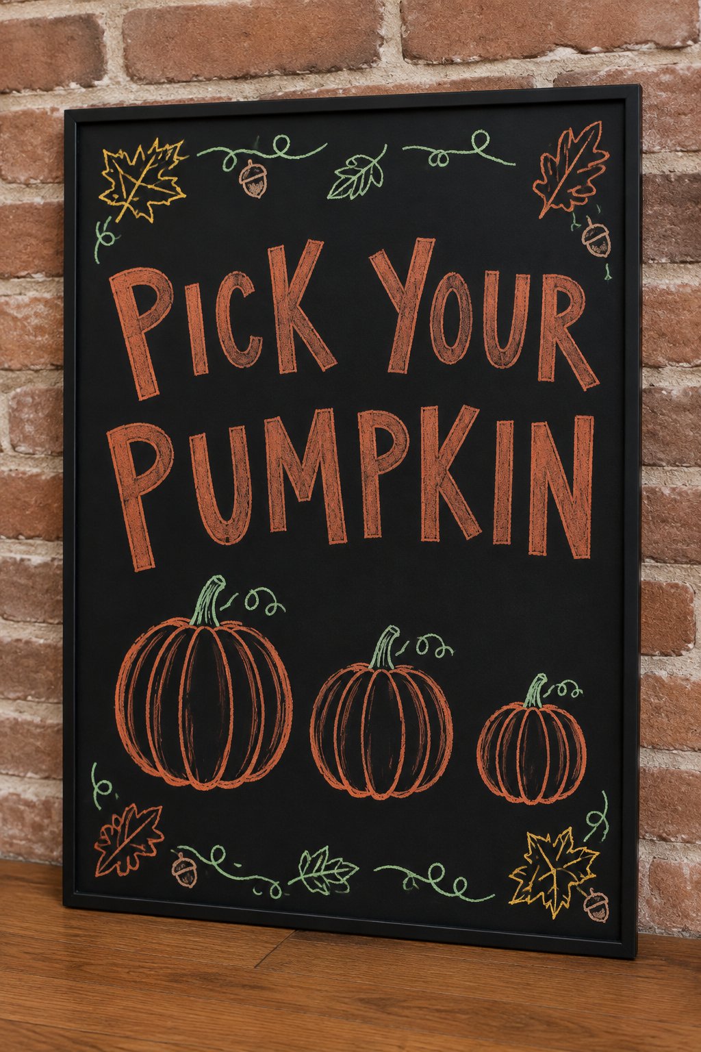 Pumpkin Trio Board: a framed fall chalkboard sign reading "Pick Your Pumpkin", hand-drawn in chalk with three pumpkins in a row, each a different size.