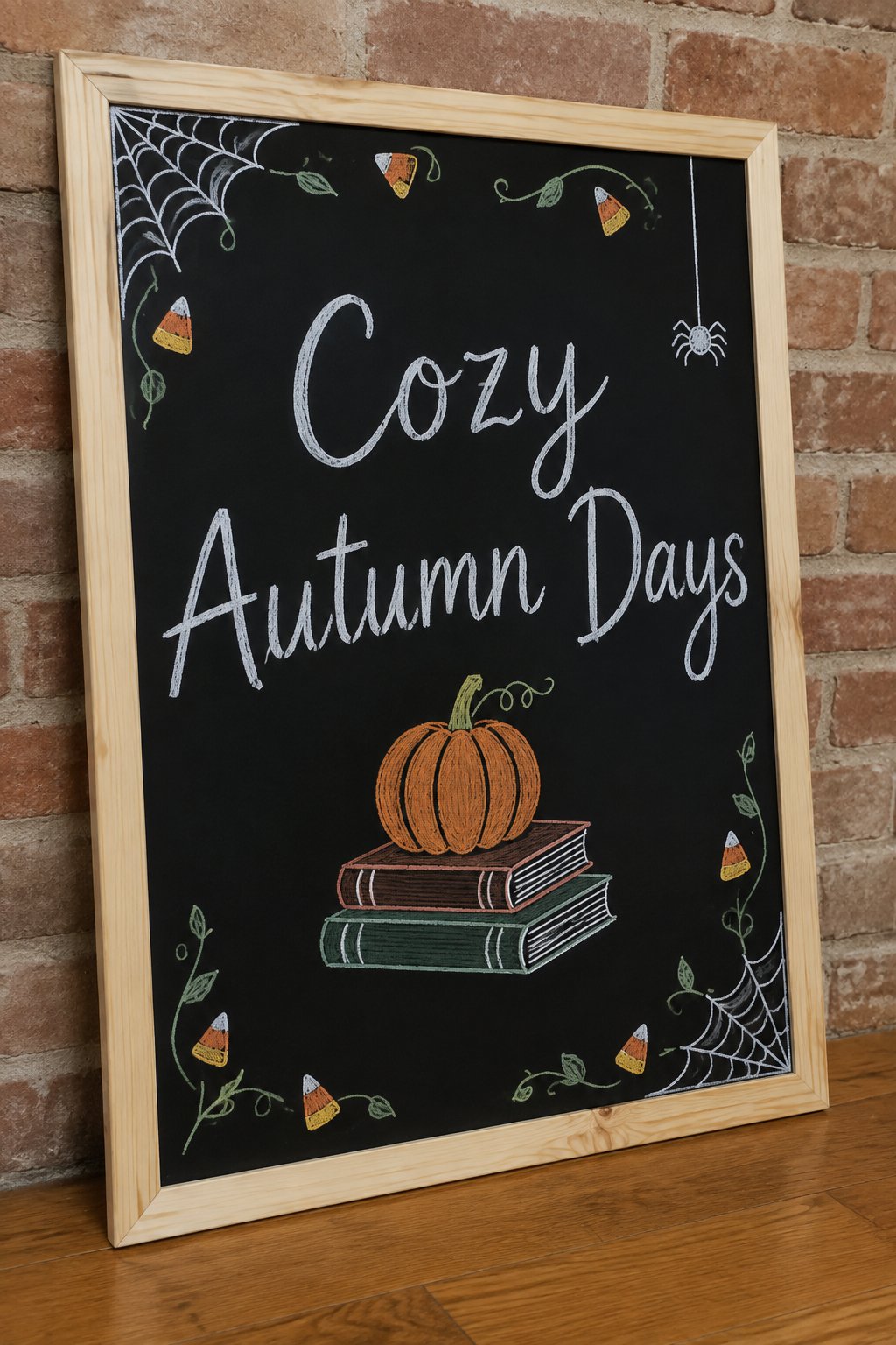 Pumpkins and Porch Swings: a framed Halloween chalkboard sign reading "Cozy Autumn Days", hand-drawn in chalk with a small pumpkin sitting on a stack of two books.