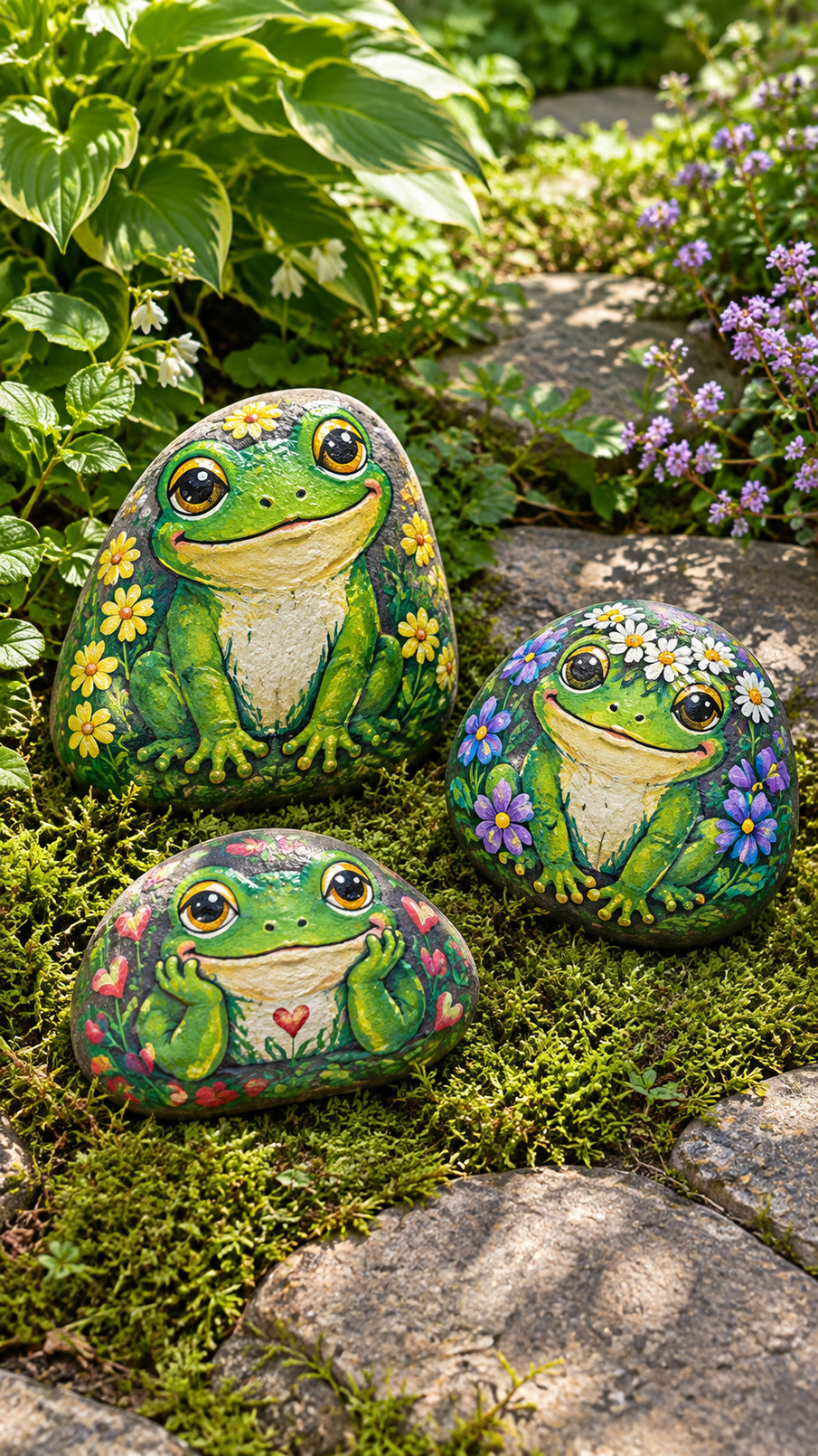 A hand-painted frog rock wearing bright yellow rain boots beside blue puddle accents in a garden setting.