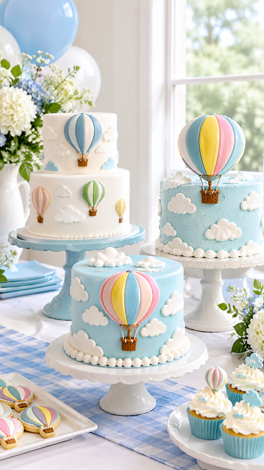 Photo of a tall hot air balloon cake decorated with cascading rainbow fondant balloons in yellow, coral, turquoise, and lavender.
