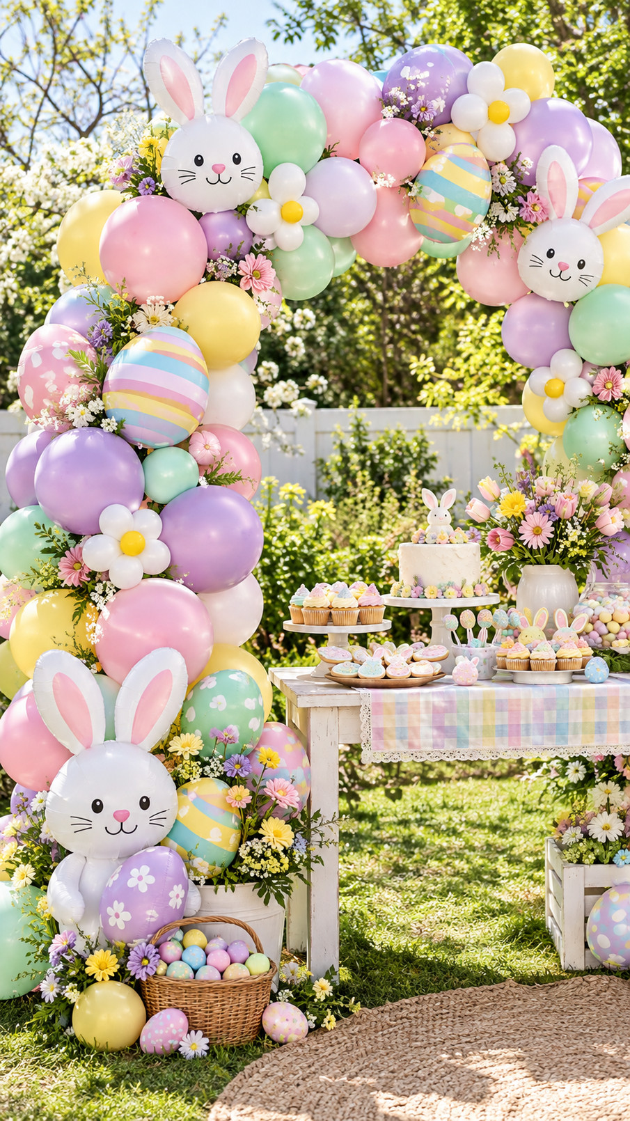 Pastel rainbow Easter balloon arch with colorful egg decorations in coral, mint, yellow, lavender, and blue.