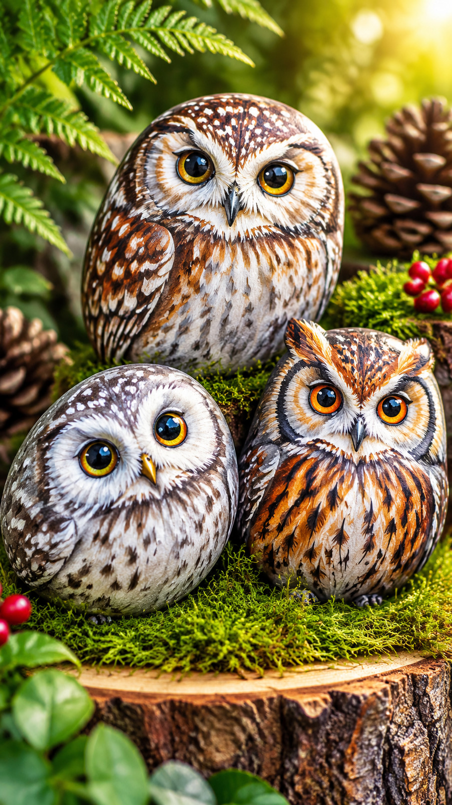 Photo of rainbow-painted owl rocks with bright eyes, rosy cheeks, and tiny flower details arranged in a cheerful meadow-inspired display.