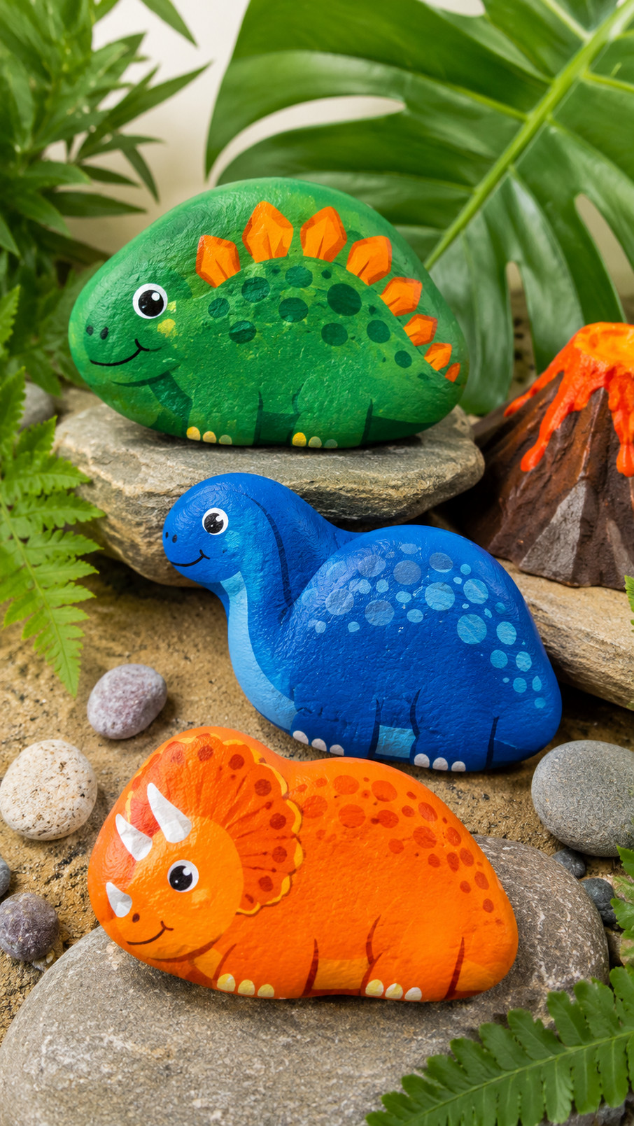 A colorful painted dinosaur rock wearing yellow rain boots and holding a blue umbrella with raindrop details.