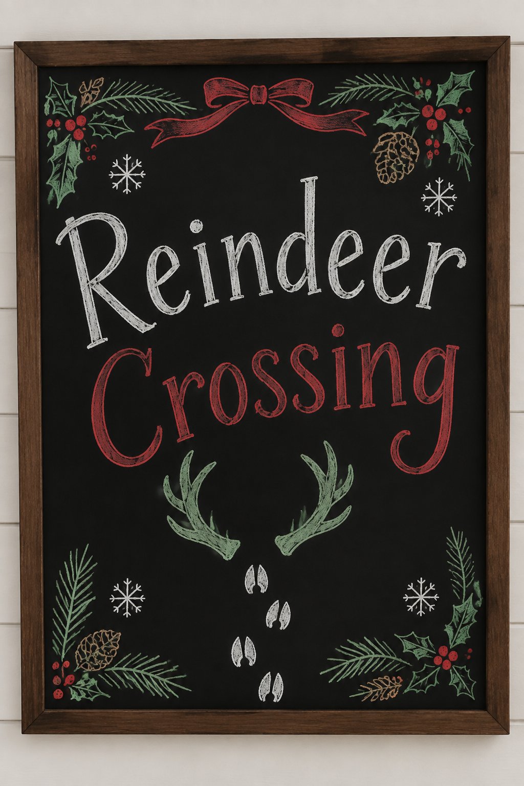 Reindeer Crossing: a framed chalkboard sign reading "Reindeer Crossing", hand-drawn in chalk with a pair of antlers and a hoofprint trail.