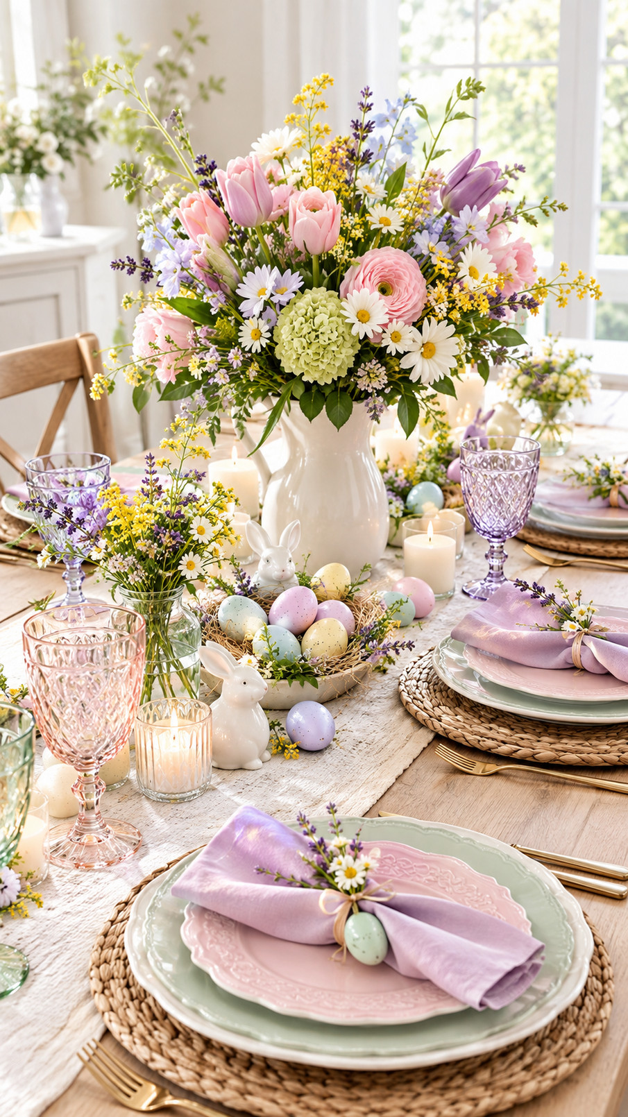 Robin’s egg blue place cards displayed on a pastel Easter table beside spring flowers and delicate tableware.