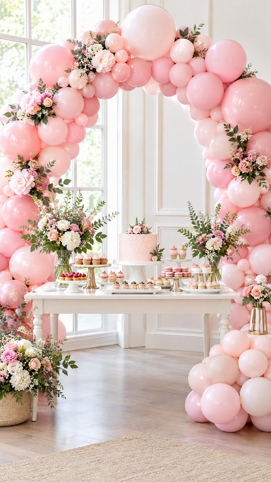 Rose gold balloon arch with blush, champagne, and soft pink balloons creating a glamorous backdrop for an elegant celebration.