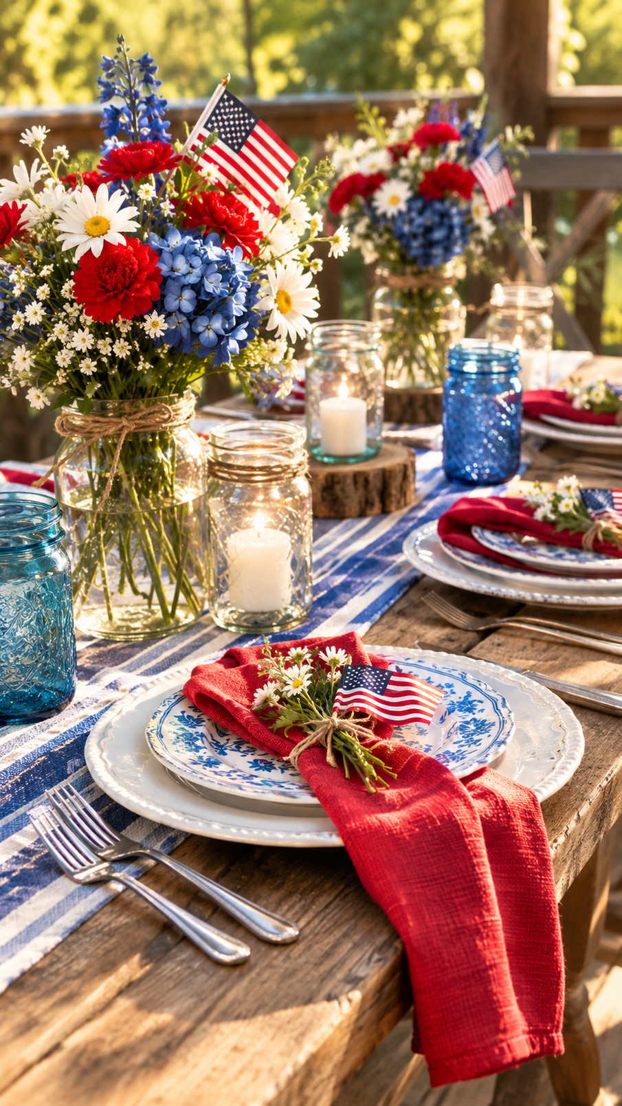 Photo of a rustic wooden firecracker trio in red, white, and blue arranged on a Fourth of July tablescape.