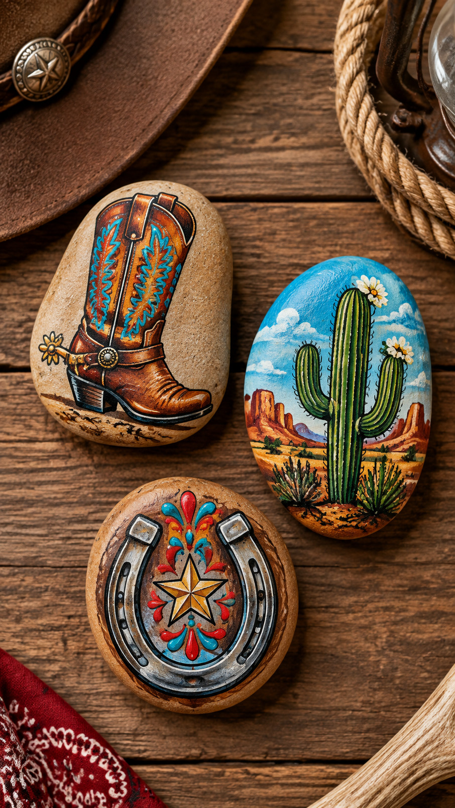 A painted rock featuring a rustic Western saloon sign with weathered brown tones, golden lettering, and turquoise accents.